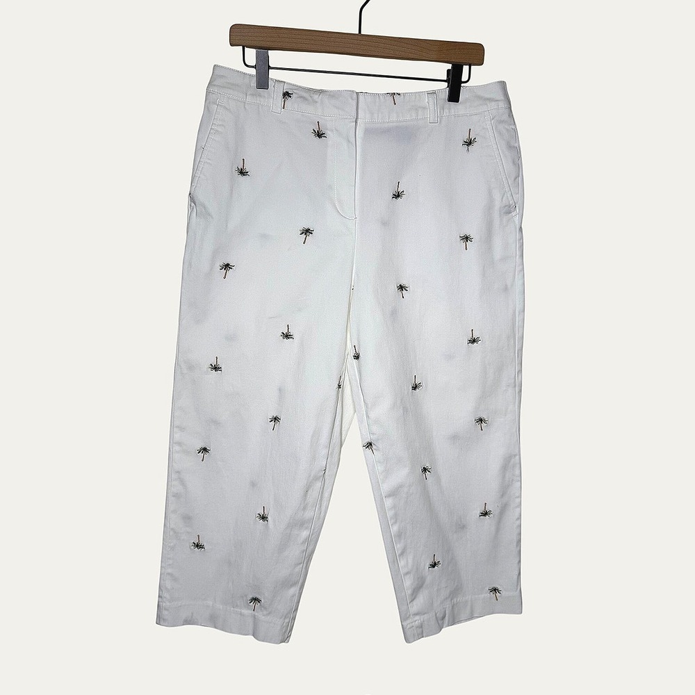 Briggs‎ New York White Palm Tree Embroidered Capri Pants 14 Resort Wear Vacation